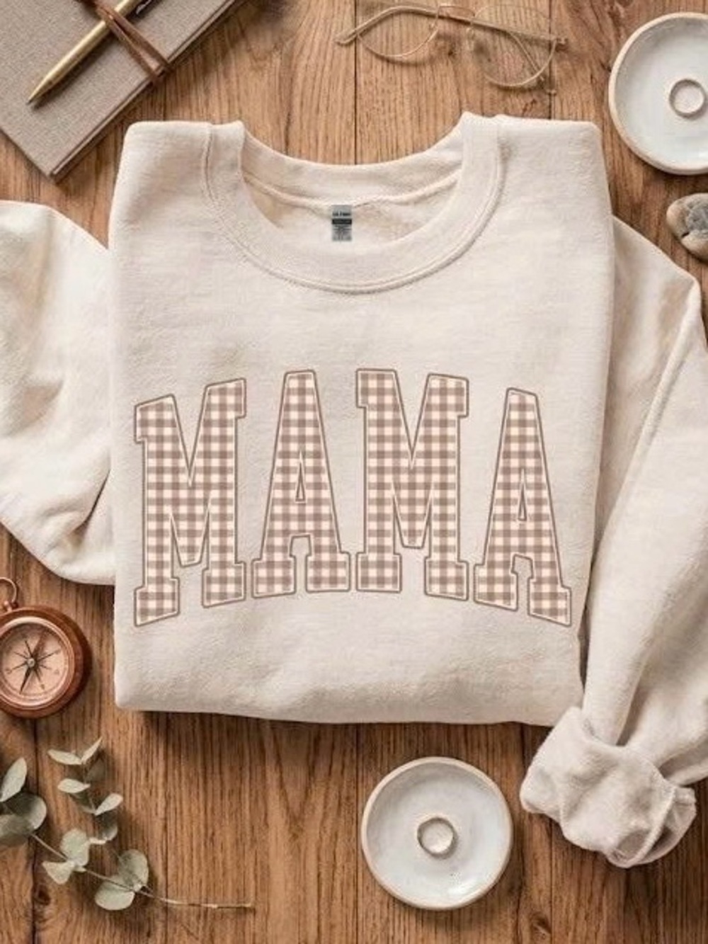 Mama Gingham Plaid Crewneck Sweatshirt Neutral Tan Beige Mom Life Pullover